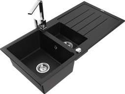Mexen Andres žulový drez 1,5-komorový s odkvapkávačom a kuchynskou batériou Rita, čierny - 6515-77-670300-00