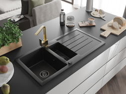 Mexen Andres žulový drez 1,5-komorový s odkvapkávačom a kuchynskou batériou Rita, čierny - 6515-77-670300-50-B