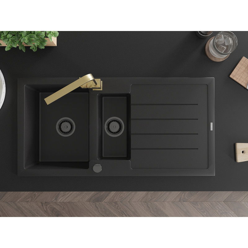 Mexen Andres žulový drez 1,5-komorový s odkvapkávačom a kuchynskou batériou Rita, čierny - 6515-77-670300-50-B