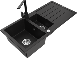 Mexen Andres žulový drez 1,5-komorový s odkvapkávačom a kuchynskou batériou Rita, čierny - 6515-77-670300-70