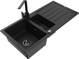Mexen Andres 1,5-komorový granitový drez s odkvapkávačom a kuchynskou batériou Rita, čierny - 6515-77-670300-70-B