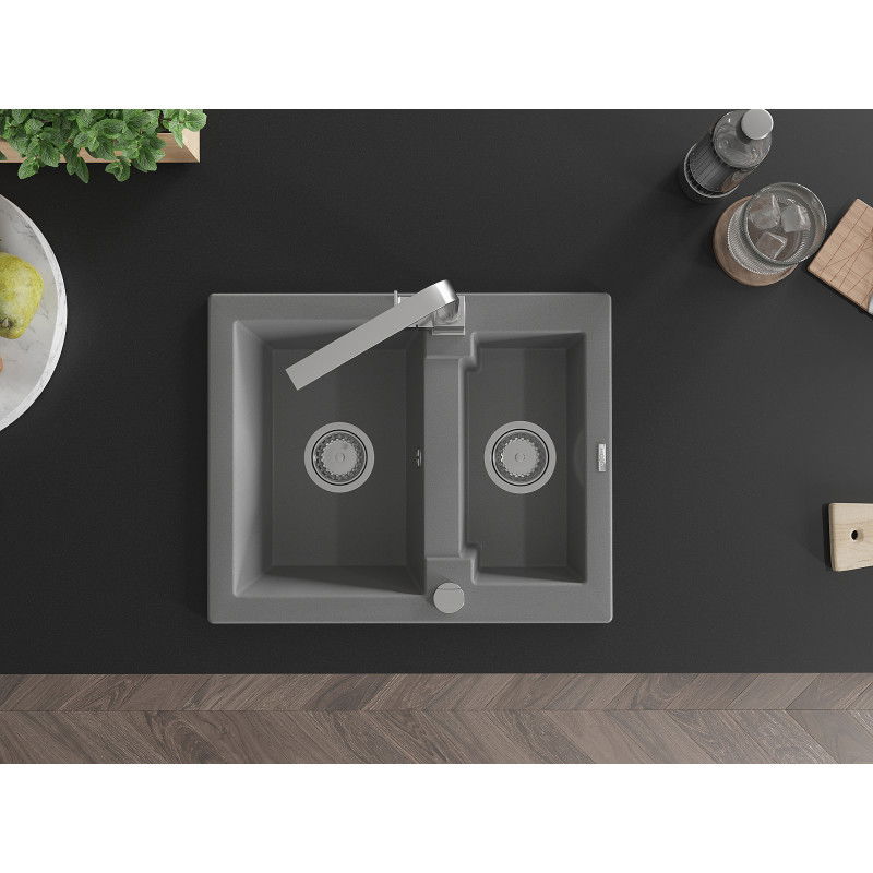 Mexen Carlos žulový drez 1,5-komorový s kuchynskou batériou Rita, sivá - 6518-71-670300-00