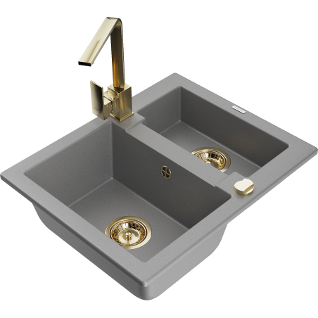 Mexen Carlos granitový kuchynský drez 1,5-komorový s kuchynskou batériou Rita, sivý - 6518-71-670300-50
