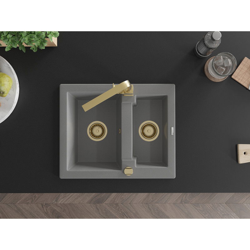 Mexen Carlos granitový kuchynský drez 1,5-komorový s kuchynskou batériou Rita, sivý - 6518-71-670300-50