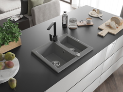 Mexen Carlos žulový kuchynský drez 1,5-komorový s kuchynskou batériou Rita, sivý - 6518-71-670300-70