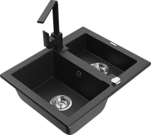 Mexen Carlos granitový drez 1,5-komorový s kuchynskou batériou Rita, čierny/strieborný metalik - 6518-73-670300-70