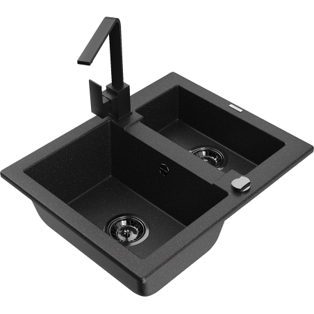 Mexen Carlos granitový drez s 1,5 komorou s kuchynskou batériou Rita, čierny/strieborný metalíza - 6518-73-670300-70-B