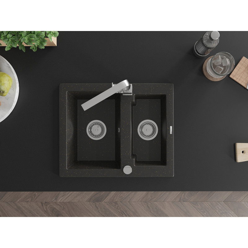 Mexen Carlos žulový drez s 1,5-komorou s kuchynskou batériou Rita, čierny/zlatý metalik - 6518-75-670300-00