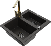 Mexen Carlos granitový drez 1,5-komorový s kuchynskou batériou Rita, čierny/zlatý metalik - 6518-75-670300-50-B