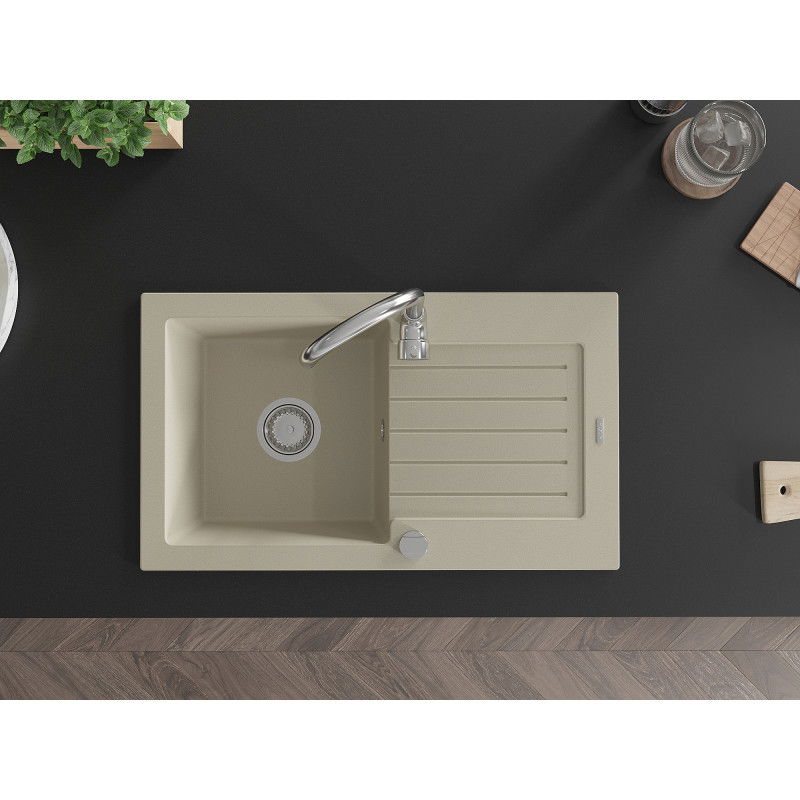 Mexen Pablo žulový drez s jednou komorou a odkvapkávacou doskou a kuchynskou batériou Telma, béžový - 6510-69-670200-00