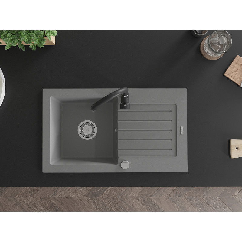 Mexen Pablo granitový drez s 1 komorou, s odkvapkávačom a kuchynskou batériou Telma, sivý - 6510-71-670200-70