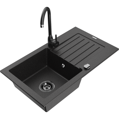 Mexen Pablo žulový drez 1-komorový s odkapávačom a kuchynskou batériou Telma, čierny/strieborný - 6510-73-670200-70-B