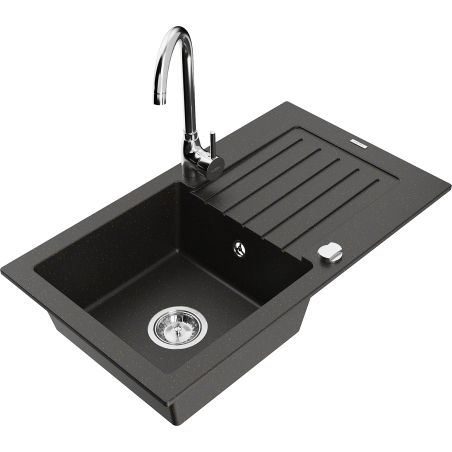 Mexen Pablo granitový drez 1-komorový s odkvapkávacou plochou a kuchynskou batériou Telma, čierna/zlatá - 6510-75-670200-00