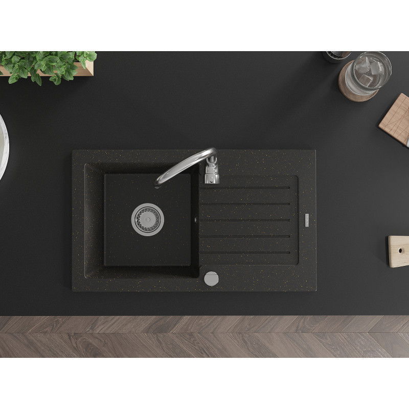 Mexen Pablo granitový drez 1-komorový s odkvapkávacou plochou a kuchynskou batériou Telma, čierna/zlatá - 6510-75-670200-00
