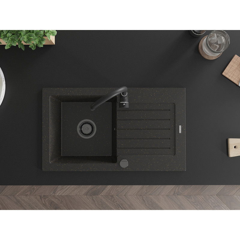 Mexen Pablo granitový drez 1-komorový s odkvapkávačom a kuchynskou batériou Telma, čierny/zlatý - 6510-75-670200-70-B