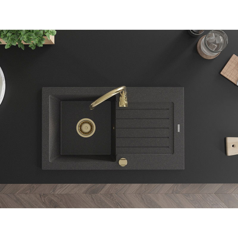 Mexen Pablo žulový jednodrez s odkvapkávacou plochou a kuchynskou batériou Telma, čierny škvrnitý - 6510-76-670200-50