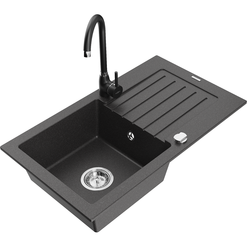 Mexen Pablo žulový kuchynský drez s 1 komorou a odkvapkávačom a kuchynskou batériou Telma, čierny bodkovaný - 6510-76-670200-70