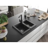 Mexen Carlos Granitový kuchynský drez s 1,5 komorou a kuchynskou batériou Rita, čierny bodkovaný - 6518-76-670300-70
