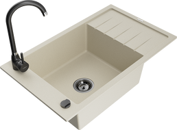 Mexen Elias žulový kuchynský drez s 1 komorou s odkvapkávacou plochou a kuchynskou batériou Telma, béžový - 6511-69-670200-70