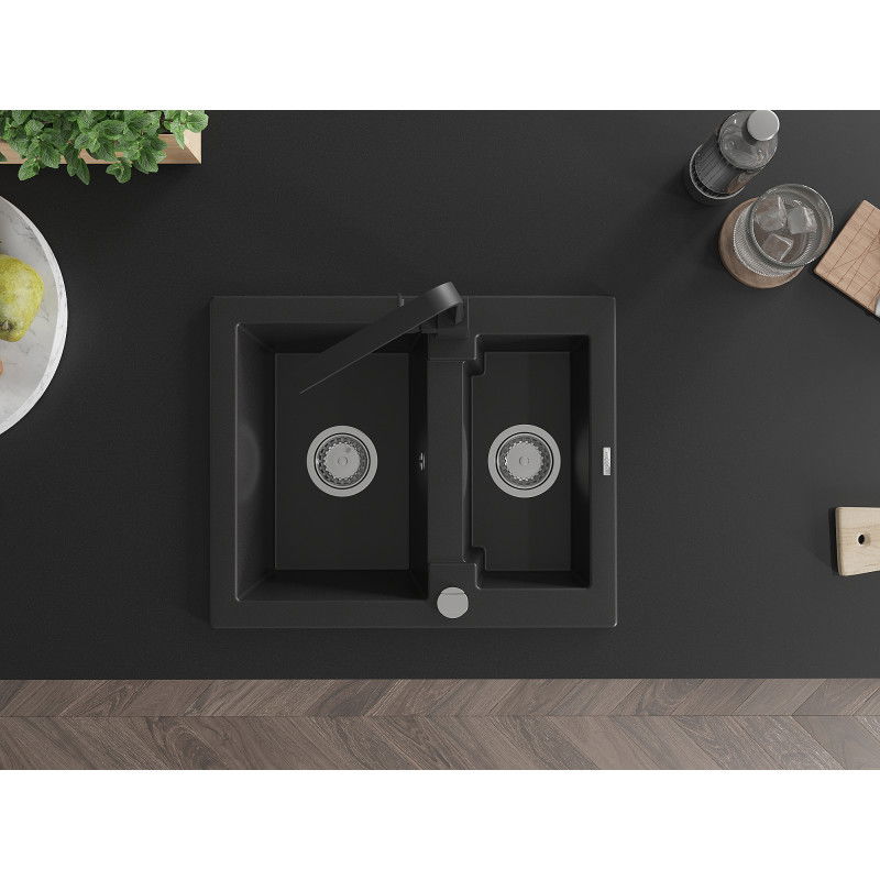 Mexen Carlos žulový drez 1,5-komorový s kuchynskou batériou Rita, čierny - 6518-77-670300-70