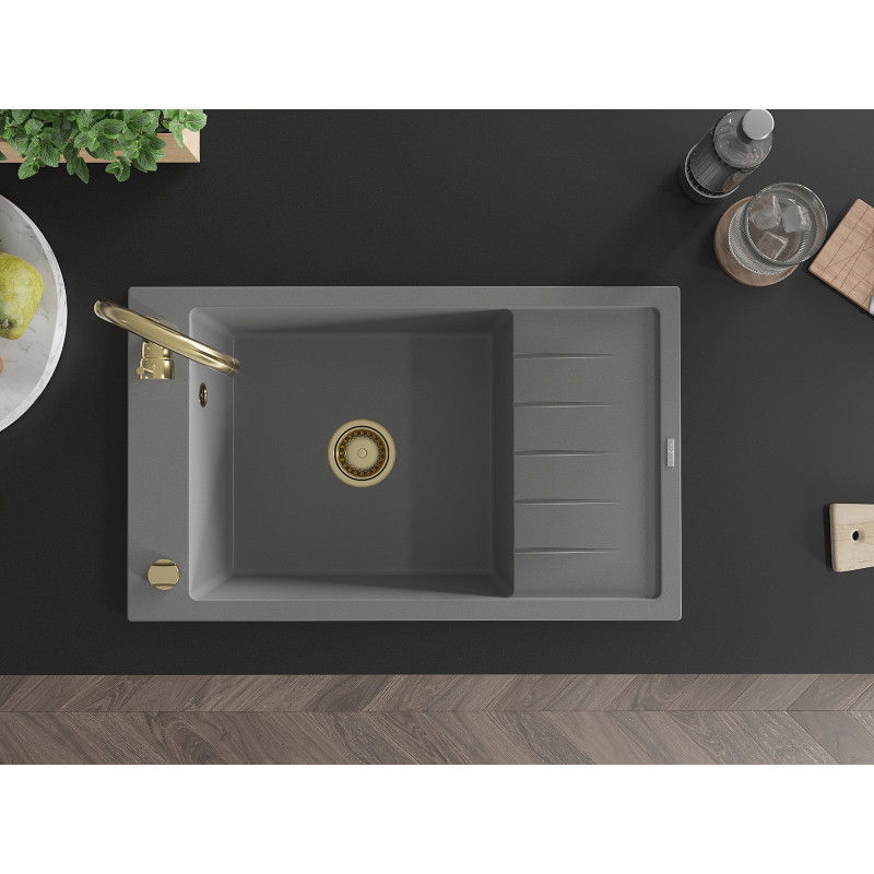 Mexen Elias žulový drez s 1 komorou a odkvapkávačom a kuchynskou batériou Telma, sivý - 6511-71-670200-50