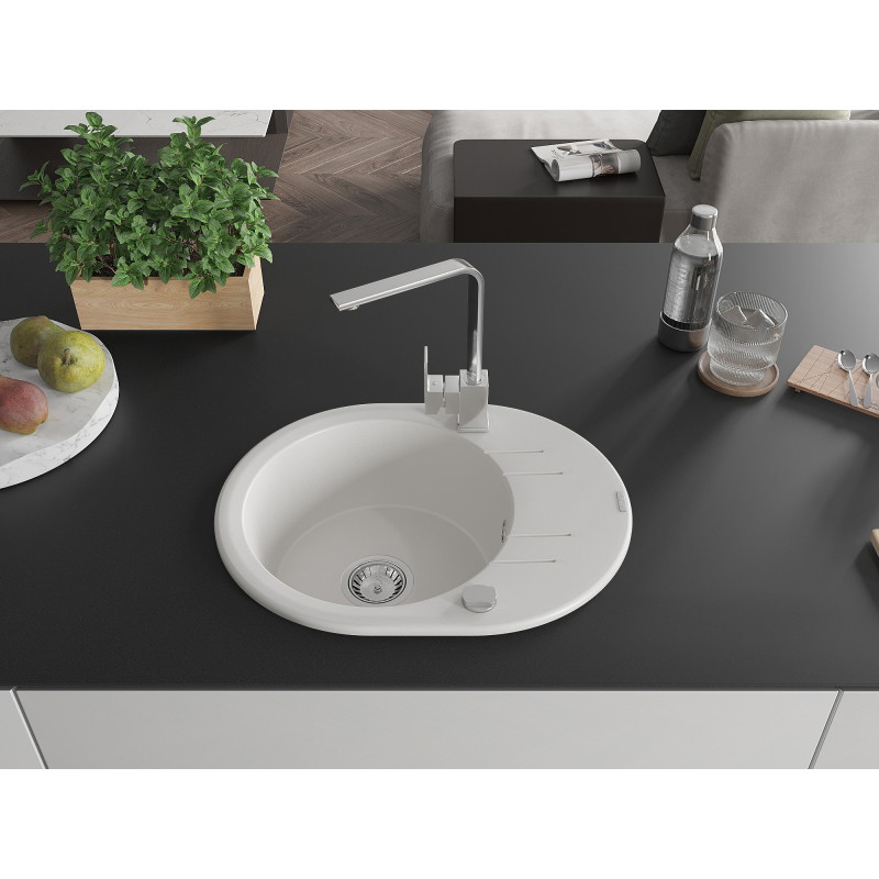 Mexen Kevin Granitový kuchynský drez s 1 komorou, odkvapkávačom a kuchynskou batériou Rita, biely - 6517-20-670300-00