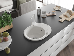 Mexen Kevin žulový kuchynský drez 1-komorový s odkvapkávačom a kuchynskou batériou Rita, biely - 6517-20-670300-20