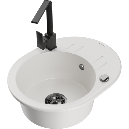 Mexen Kevin žulový drez 1-komorový s odkvapkávačom a kuchynskou batériou Rita, biely - 6517-20-670300-70