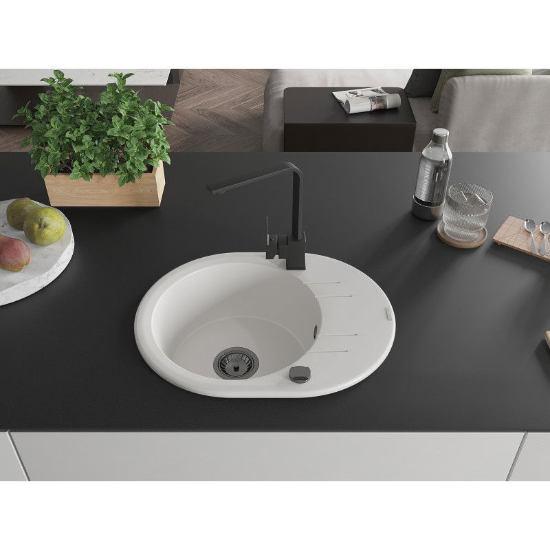 Mexen Kevin žulový drez 1-komorový s odkvapkávačom a kuchynskou batériou Rita, biely - 6517-20-670300-70