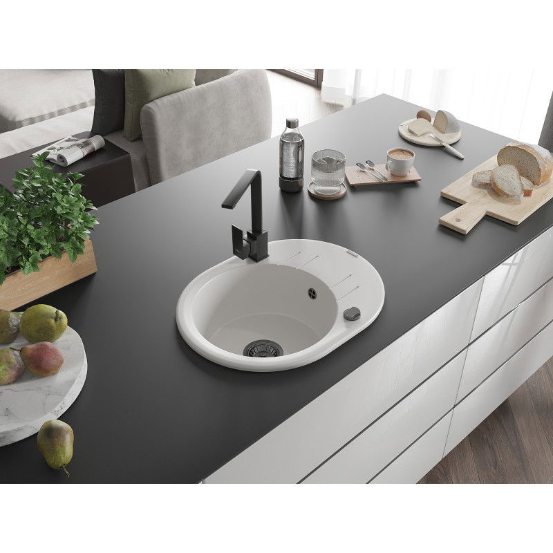 Mexen Kevin žulový drez 1-komorový s odkvapkávačom a kuchynskou batériou Rita, biely - 6517-20-670300-70