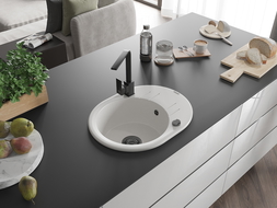 Mexen Kevin žulový drez 1-komorový s odkvapkávačom a kuchynskou batériou Rita, biely - 6517-20-670300-70