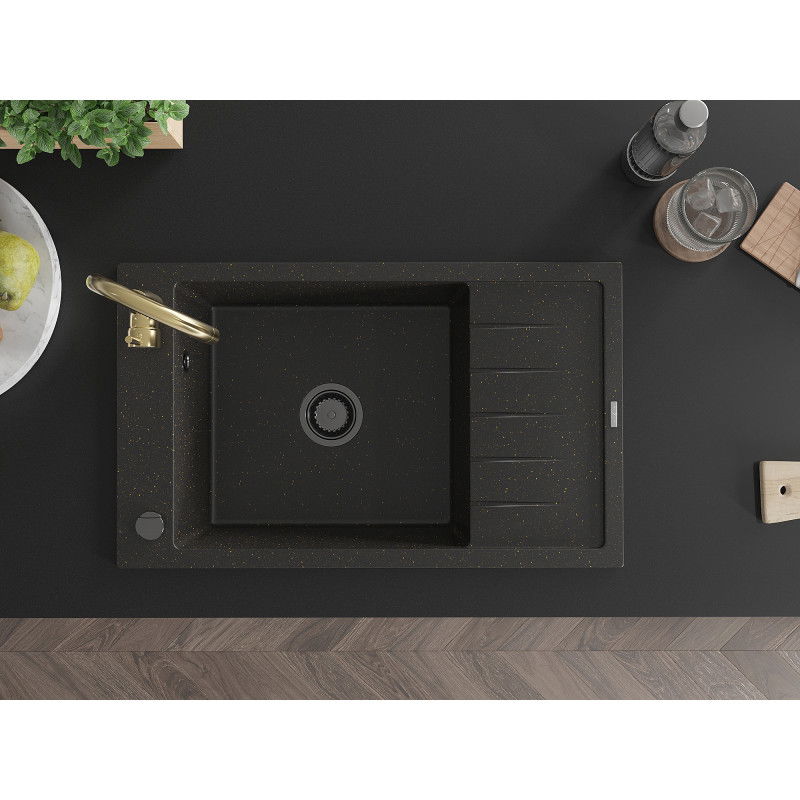 Mexen Elias žulový drez 1-komorový s odkvapkávačom a kuchynskou batériou Telma, čierny/zlatý - 6511-75-670200-50-B