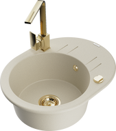 Mexen Kevin žulový drez 1-komorový s odkvapkávačom a kuchynskou batériou Rita, béžový - 6517-69-670300-50