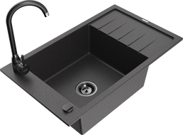 Mexen Elias granitový kuchynský drez s 1 komorou, odkvapkávačom a kuchynskou batériou Telma, čierny s bodkami