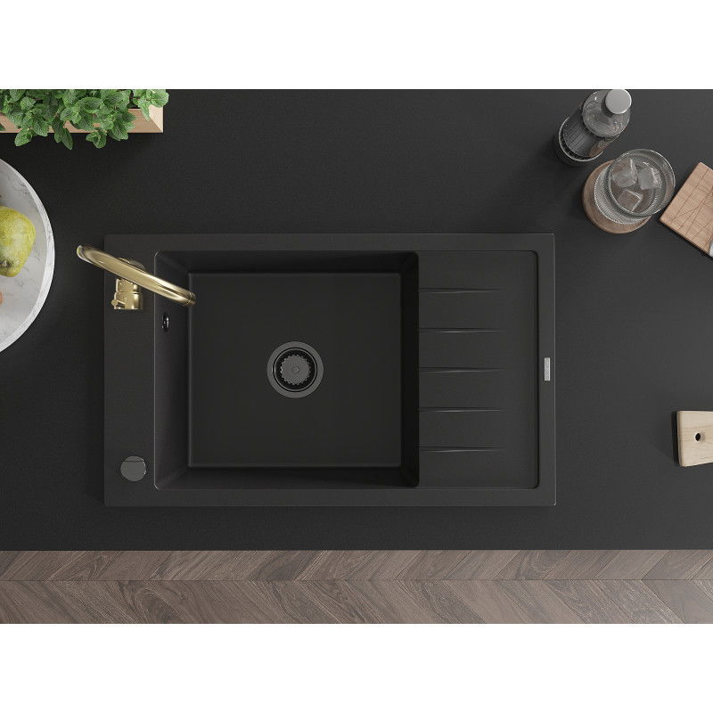 Mexen Elias žulový drez 1-komorový s odkvapkávacou plochou a kuchynskou batériou Telma, čierny - 6511-77-670200-50-B