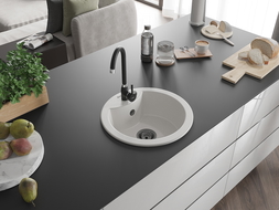 Mexen Diego jednokomorový žulový drez s kuchynskou batériou Telma, biely - 6512-20-670200-70