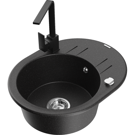 Mexen Kevin žulový kuchynský drez s 1 komorou, odkvapkávačom a kuchynskou batériou Rita, čierny/strieborný metalický