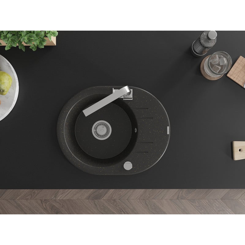 Mexen Kevin granitový drez s 1 komorou s odkvapkávačom a kuchynskou batériou Rita, čierna/zlatý metalický