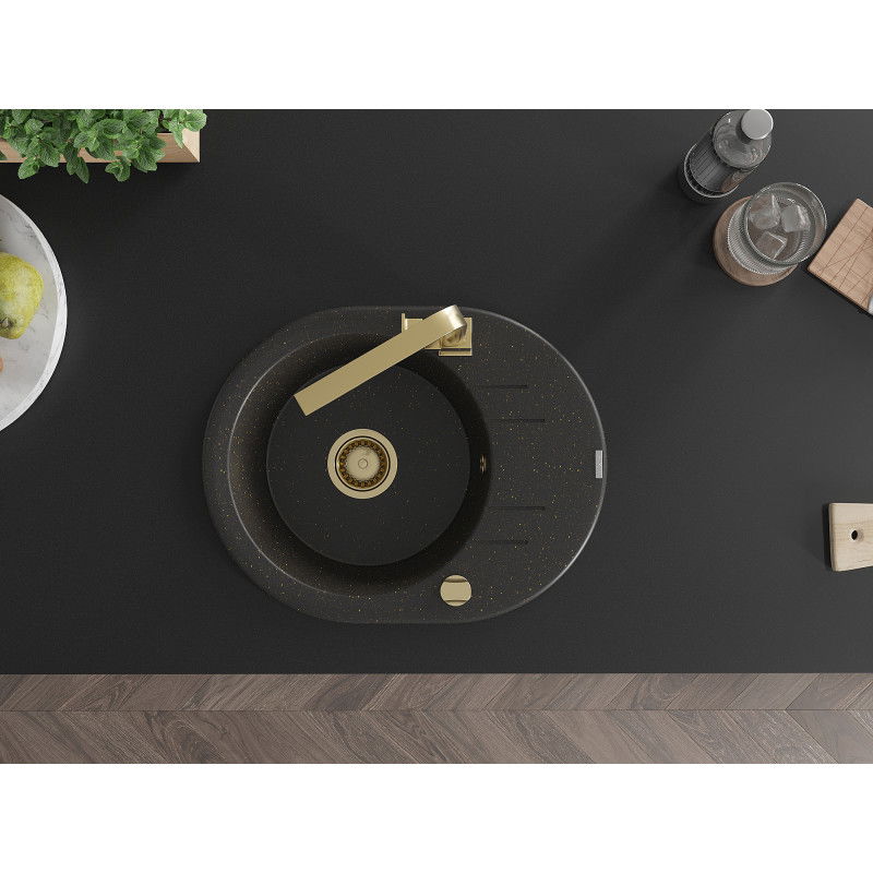 Mexen Kevin granitový drez 1-komorový s odkvapkávačom a kuchynskou batériou Rita, čierny/zlatý metalik - 6517-75-670300-50