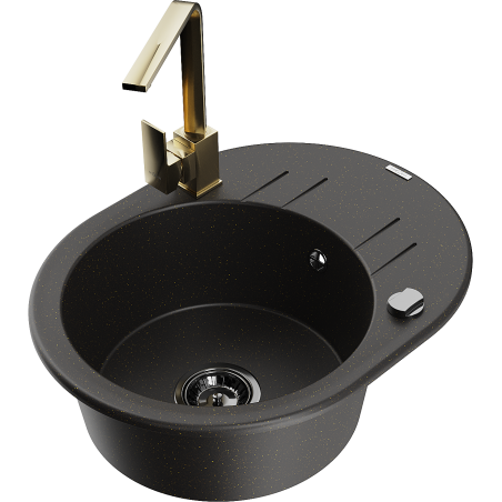 Mexen Kevin granitový kuchynský drez s jednou komorou, odkvapkávačom a kuchynskou batériou Rita, čierny/zlatý metalický