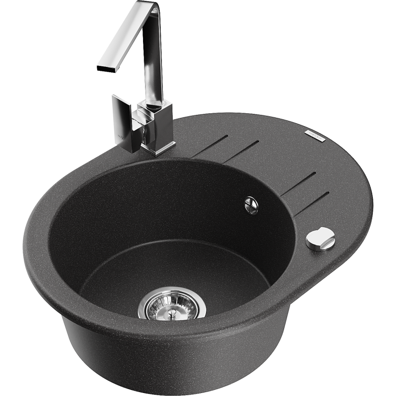 Mexen Kevin žulový drez 1-komorový s odkvapkávačom a kuchynskou batériou Rita, čierny bodkovaný - 6517-76-670300-00