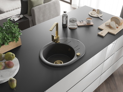 Mexen Kevin žulový drez 1-komorový s odkvapkávačom a kuchynskou batériou Rita, čierny škvrnitý - 6517-76-670300-50