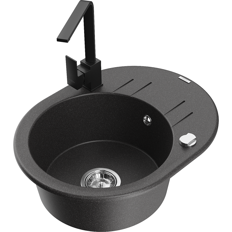 Mexen Kevin granitový drez 1-komorový s odkvapkávacou plochou a kuchynskou batériou Rita, čierne bodkované - 6517-76-670300-70