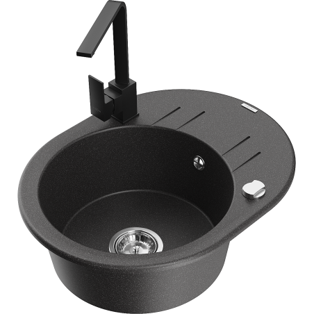 Mexen Kevin granitový drez 1-komorový s odkvapkávacou plochou a kuchynskou batériou Rita, čierne bodkované - 6517-76-670300-70