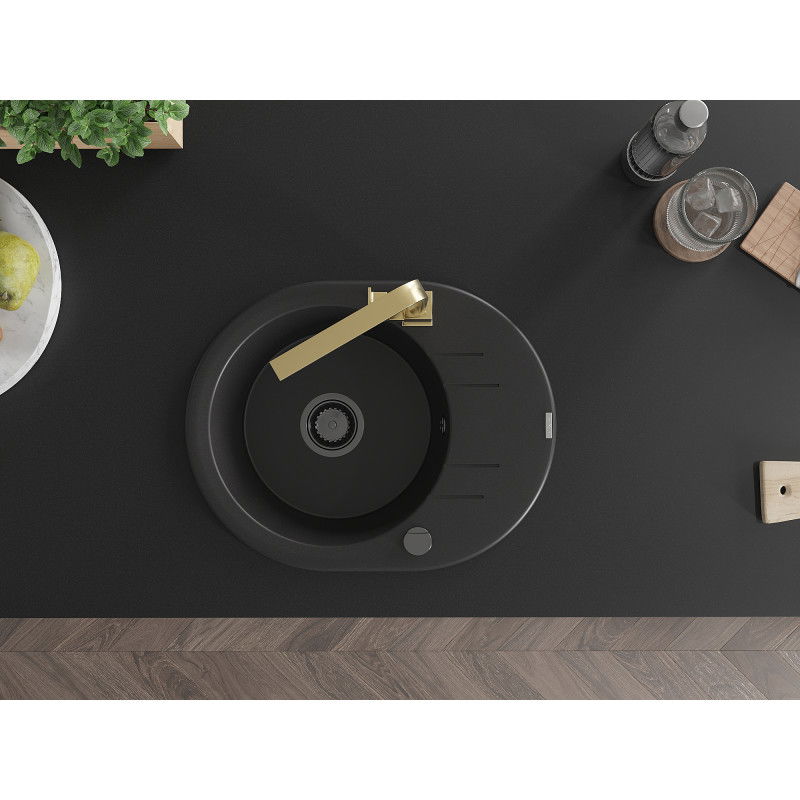 Mexen Kevin granitový kuchynský drez 1-komorový s odkvapkávačom a kuchynskou batériou Rita, čierny - 6517-77-670300-50-B