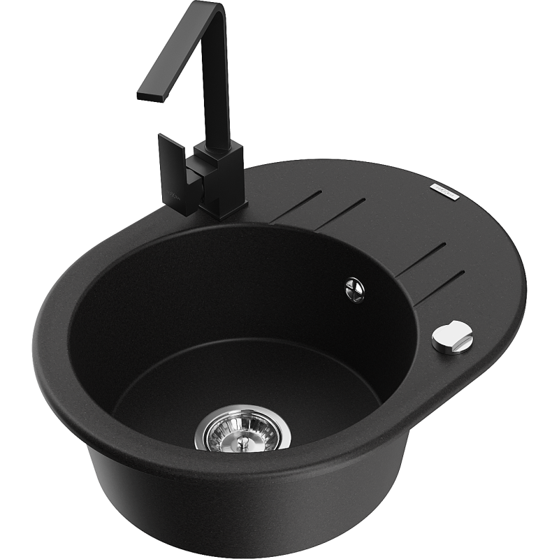 Mexen Kevin granitový kuchynský drez 1-komorový s odkvapkávačom a kuchynskou batériou Rita, čierny - 6517-77-670300-70