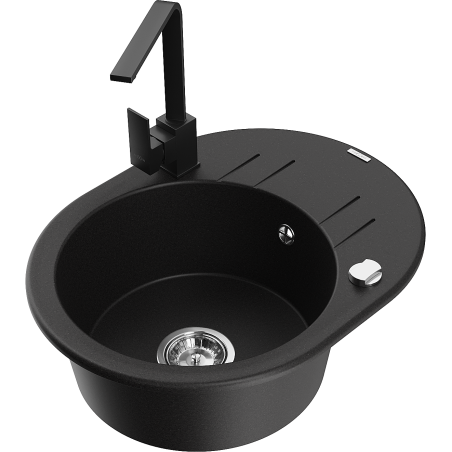 Mexen Kevin granitový kuchynský drez 1-komorový s odkvapkávačom a kuchynskou batériou Rita, čierny - 6517-77-670300-70