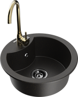 Mexen Diego žulový kuchynský drez s jednou komorou a kuchynskou batériou Telma, čierny/zlatý - 6512-75-670200-50-B