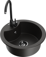 Mexen Diego žulový drez s 1 komorou a kuchynskou batériou Telma, čierny/zlatý - 6512-75-670200-70-B