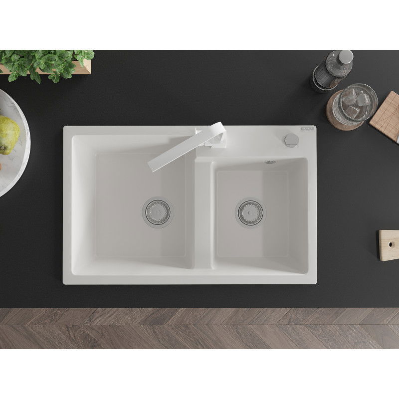 Mexen Tomas dvojkomorový žulový drez s kuchynskou batériou Rita, biely - 6516-20-670300-20